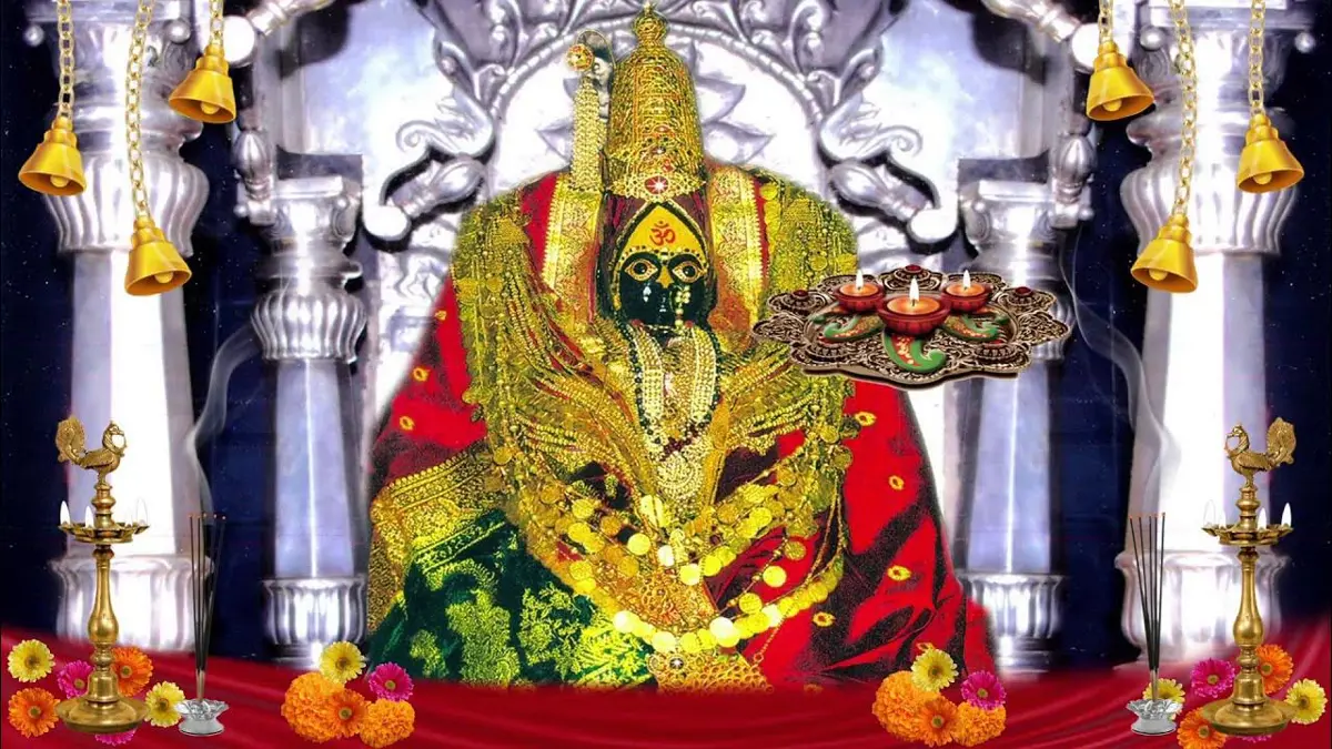 Banner image of Aai Tulja Bhavani, depicting the revered Hindu goddess known for her fierce and protective nature, with vibrant colors and traditional elements showcasing her divine presence